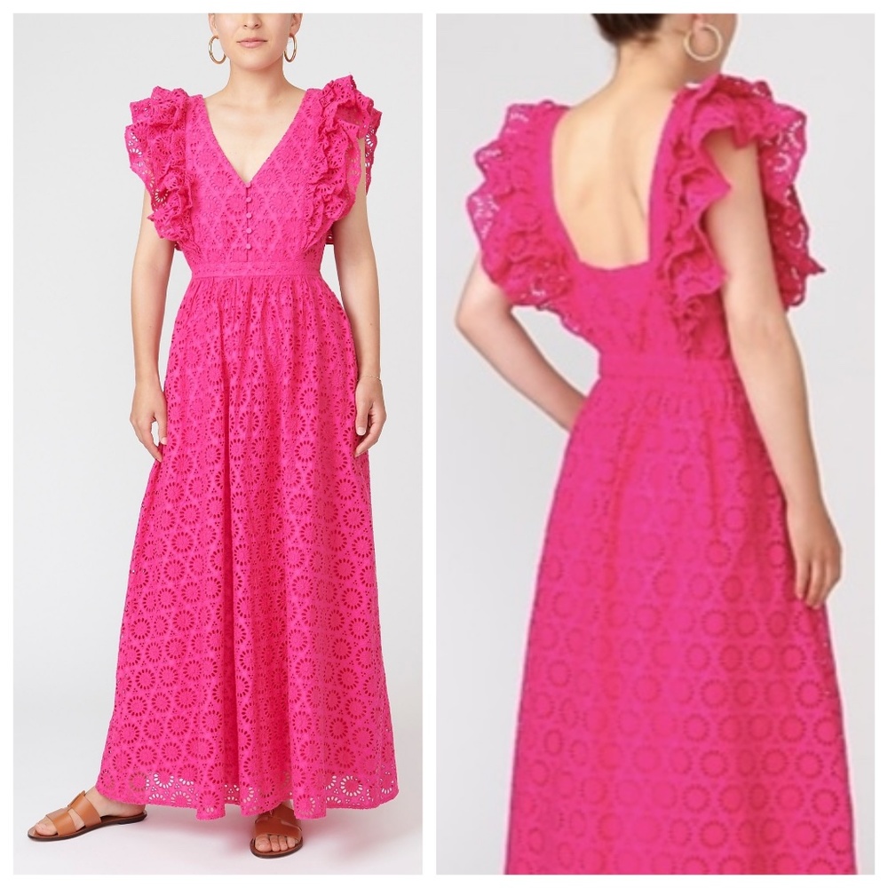 J Crew Pink Eyelet Ruffle-Sleeve Maxi Dress